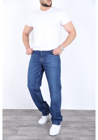 Blayn Jeans Erkek Antrasit Baggy Kot Pantolon - Geniş Kalıp Günlük Rahat Denim Jean Kobalt Mavi