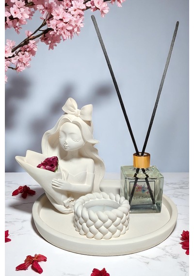 Dekoratif Vazo, Oda Kokusu Ve Mum Seti - Vazo+oda Kokusu+tealight Mumluk Ve Mum+yuvarlak Tepsi Beyaz