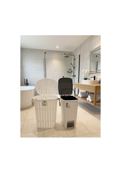 Bambu Görünümlü Halatlı Çamaşır Sepeti 65 Lt Ve Pedallı İç Kovalı 40 Lt Banyo Seti Beyaz - 839857297 Beyaz