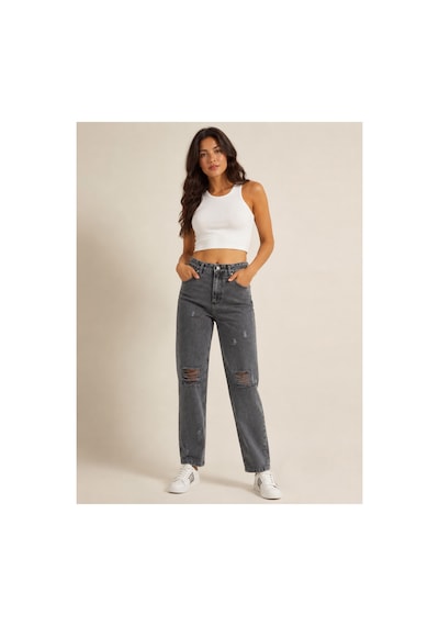 Kene Jeans Yüksek Bel Diz Lazer Yırtık Kar Siyah Mom Jeans Pantolon Kar Siyah