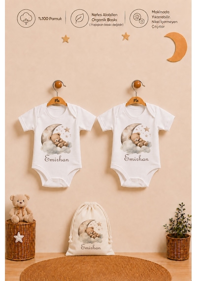 Pia Baby İsme Özel Kız Bebek Hediyesi 2'li %100 Pamuk Organik Baskılı Çıtçıtlı Body Zıbın Ve Ham Bez Kıyafet Kesesi 1051b2k0x Ekru