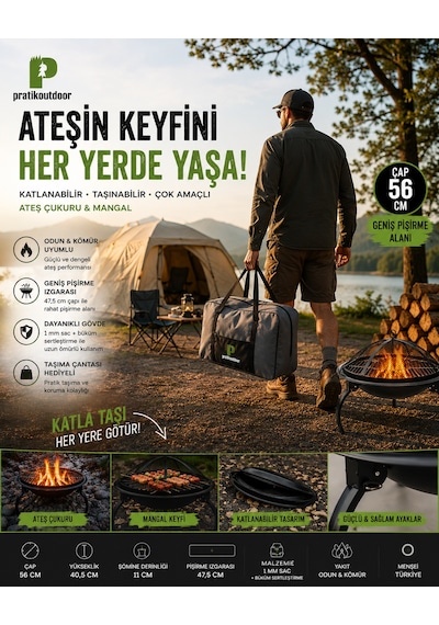 Yuvarlak Katlanır Ayaklı Şömine & Ateş Çukuru Ve Mangal - Çantalı Siyah
