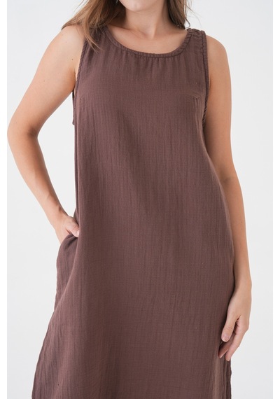 Mg Otantik %100 Pamuk Müslin Kumaş Sıfır Kol Kısa Elbise -mg003 Kahverengi Mg Otantik %100 Pamuk Müslin Kumaş Sıfır Kol Kısa Elbise -mg003 Kahverengi