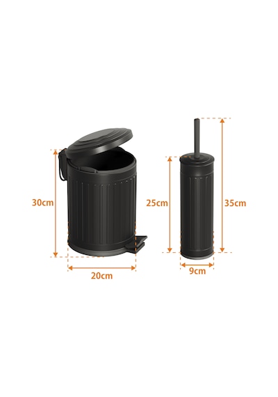 Aqua Bagno Midas Klozet Fırçası + Çöp Kovası 5 Lt -2 Parça Set, Mat Siyah Siyah