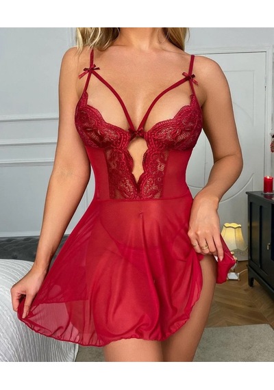 Kadın Şarap Rengi Dantelli Transparan Mini Gecelik/babydoll-1023 Bordo
