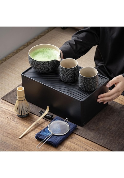 Saklama Kutulu 12 Parça Seyahat Matcha Çayı Seti, Seramik Kase, Bambu Çırpıcı Siyah