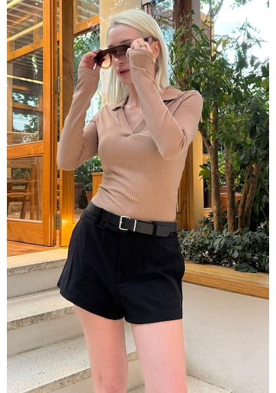 Madmext Bej Polo Yaka Fitilli Kadın Body Mg2566 Bej