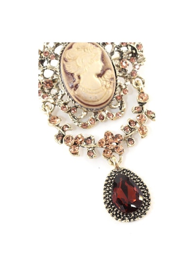 Kameo Vintage Broş, Garnet Kristal Taşlı Sallantılı Eskitme Bronz Renkli Kadın Yaka İğnesi Çok renkli
