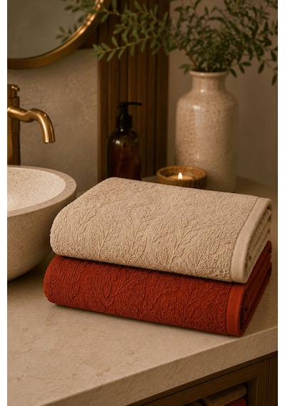 2'li Jakarlı Büyük Boy Banyo Havlusu 90x150 Cm %100 Pamuk Lorea 650 Gr Kiremit-bej