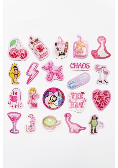 Pembe Renk Temalı Hologram Stickerlar 21 Adet Sticker Paketi Suya Dayanıklı Laptop Termos Telefon Etiket Seti