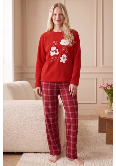 Siyah İnci Narçiçeği Nakışlı Alt-üst Polar Kışlık Örme Pijama Takım 26222131