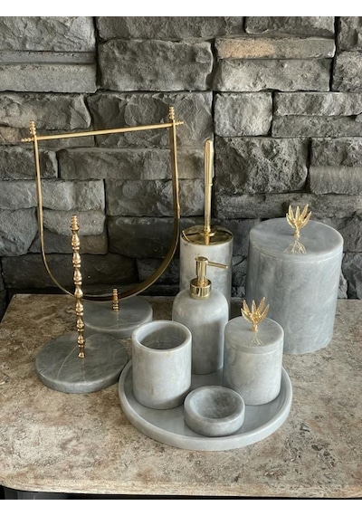 Gri Doğal Mermer Gold Zeytin Dalı Aksesuarlı 9,lu Banyo Seti Beyaz