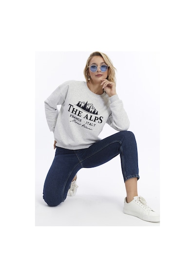 Gidia Kadife The Alps Desenli Gri Melanj Yumuşak Dokulu Regular Fit Bisiklet Yaka Kadın Sweatshirt Grimelanj