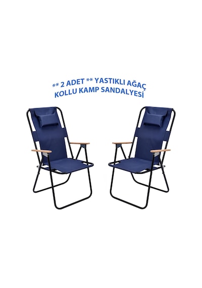 Exent 2' Li Yastıklı Yüksek Sırtlı Katlanır Büyük Boy Kamp Piknik Sandalyesi, Ağaç Kollu-lacivert
