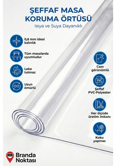Birinci Sınıf Her Ölçüde Şeffaf Masa Koruma Örtüsü 0,8 Mm İdeal Kalınlık - Kokusuz - Çizilmez Beyaz