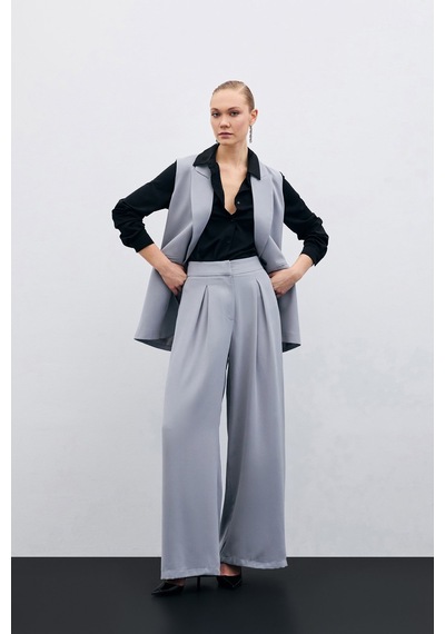 Sateen Yüksek Bel Bol Paça Pantolon - Gri-135632 Gri