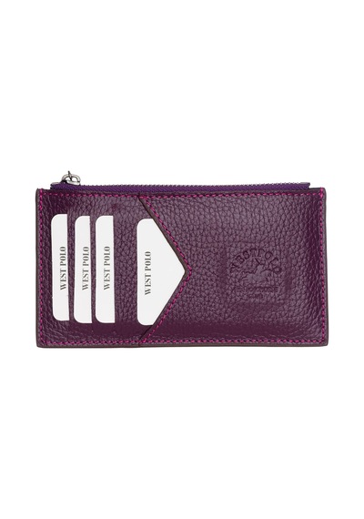 Westpolo Hakiki Deri Fermuarlı Unisex Kartlık - Mürdüm Mürdüm