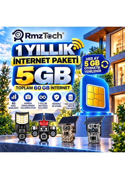Rmztech 1 Yıllık Sım Kart Aylık 5 Gb İnternet Solar 4g Güvenlik Kameraları İçin