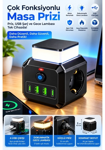 Akım Korumalı 3 Lü Priz 2200w 1050j 10a Gece Lambalı 2 Usb 2 Type-c Şarj Girişli Bsp-4 0