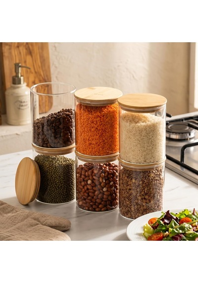 1-3 Bambu Vakumlu Kapaklı Yuvarlak Borosilikat Cam 6lı Kavanoz Seti Saklama Kabı 750ml 10x12cm Çok Renkli