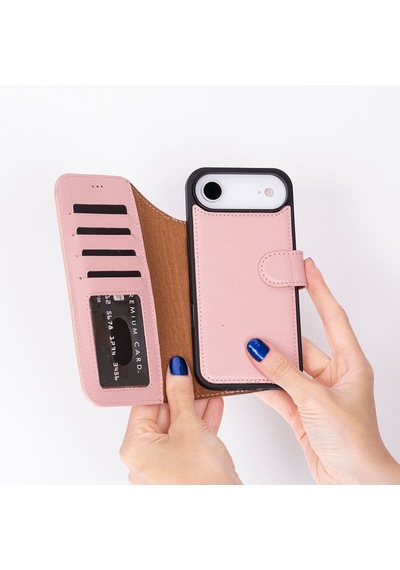 Bloomcase Magic Wallet Blush Hakiki Deri Apple Uyumlu iPhone 17 Air 6.5" Cüzdanlı Telefon Kılıfı Pembe