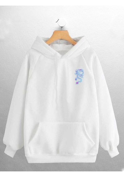 Macklin Unisex Kadın Erkek Mavi Ejderha Baskılı Sweatshirt Beyaz Mck0913 Beyaz