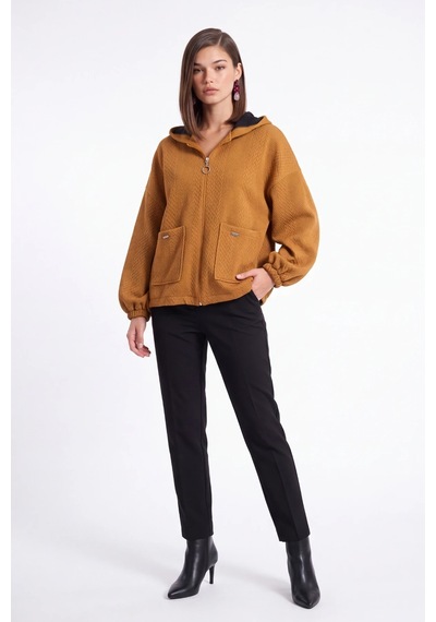 CEMO Çift Cepli Fermuarlı Kapüşonlu Desenli Sweatshirt Ceket Taba