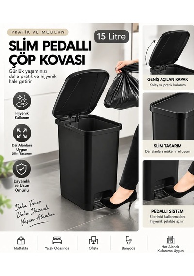 Slim Pedallı Banyo Mutfak Çöp Kovası - 15 Litre Siyah