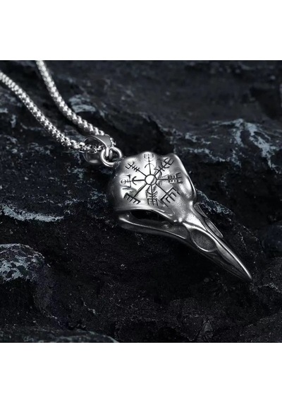 Odin Raven Vegvisir Viking İşlemeli Kuzgun Kafatası Gotik Paslanm Çok Renkli
