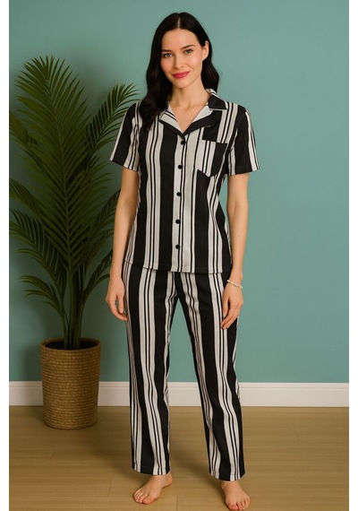 Kadın Kısa Kol Çizgili Pijama Takımı Siyah-beyaz