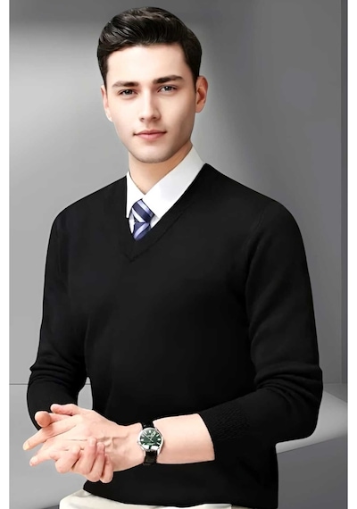 Tezzgelsin Erkek V Yaka Uzun Kol Triko Tüylenmez Süveter Erkek Slim Fit Süveter Siyah