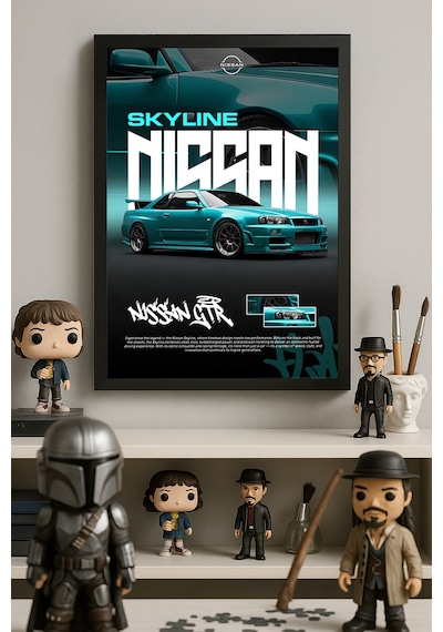 Nissan Gt-r Skyline Siyah Ahşap Çerçeveli Poster, Dekoratif Araba Duvar Tablosu