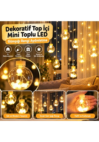 10 Sarkıtlı Kumandalı Dekoratif Top İçi Mini Toplu Led Günışığı Rengi Dekoratif Aydınlatma -