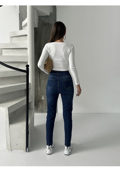 Kadın Bıyık İşlemli Kot Dar Paça Jeans Lacivert