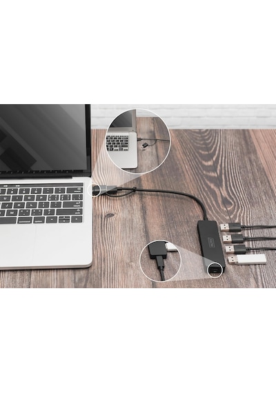 Usb Hub - 4 Bağlantı Noktası - Usb 3.0-4x Usb-a - 1x Usb-c Güç Konektörü - 5 Gbit/s'ye Kadar -