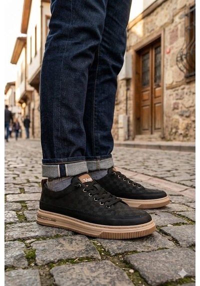 Pepita E385 Rahat Hafif Keten Özel Tasarım Spor Sneaker Erkek Ayakkabı Siyah