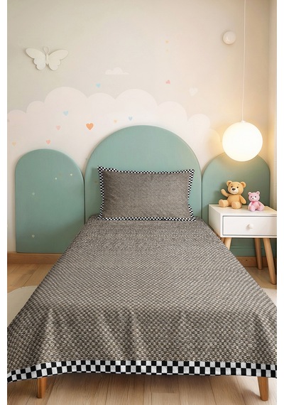Siyah Beyaz Hasır Desenli Tek Kişilik Pike Takımı - Damalı Ekose 160x220 Cm Kapitone Yatak Örtüsü Nazlı Kil Zemini