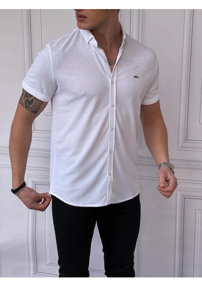 Modefendi Slim Fit Pamuk Örme Polo Yaka Kısa Kollu Gömlek Beyaz