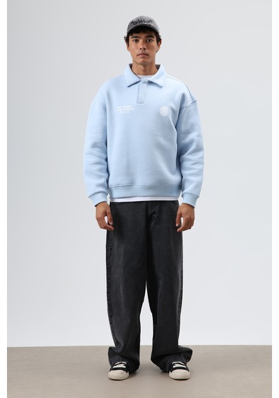 Vamos Polo Yaka Oversize Baskılı Yıkamalı Sweatshirt Bebe Mavi