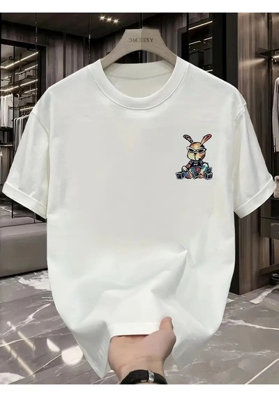 Erkek T-shirt Tavşan Baskılı Kısa Kollu Tişört - Beyaz