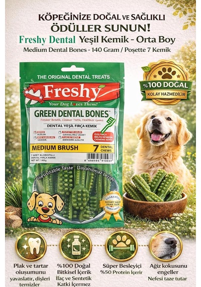 Green Dental Bones Medium Köpek Ödülü 140g Ağız Kokusu Giderici, Diş Temizleyici, Plak & Tartar Önleyici, Doğal Klorofilli 7'li Paket
