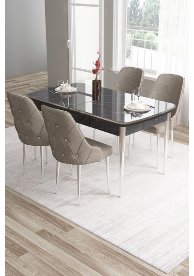Canisa Tia Serisi 80x132 Açılabilir Mdf Siyah Mermer Desen Krom Detay Masa Takımı Ve 4 Cappucino Sandalye Masa Siyah Mermer Desen Sandalye Cappucino Canisa Tia Serisi 80x132 Açılabilir Mdf Siyah Mermer Desen Krom Detay Masa Takımı Ve 4 Cappucino Sandalye Masa Siyah Mermer Desen Sandalye Cappucino