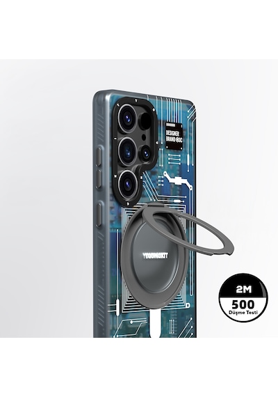Galaxy Uyumlu S25 Ultra Kılıf Magsafe Şarj Özellikli Youngkit 360 Standlı Technology Serisi Kapak Mavi