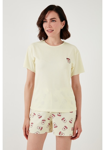 Lela Regular Fit Kısa Kollu Şortlu Bayan Pijama Takımı 65740103 Bej-Pembe