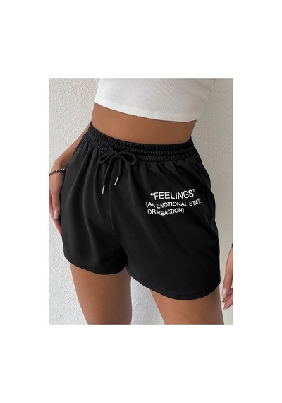 Tarzsokak Drawstring Waist Slogan Graphic Track Şort Siyah