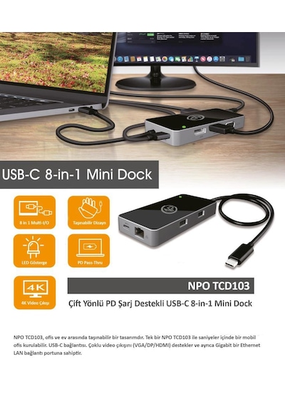 Npo Tcd-103 Macos/Win 4K M1 Çip Uyumlu Hdmi Dp Vga Pd Gigabit 8In1 Dock Station