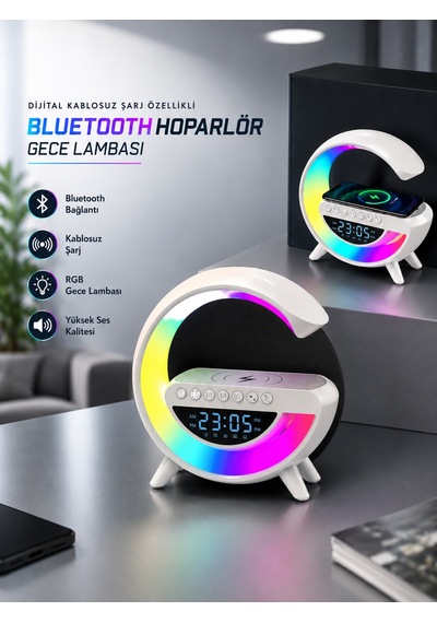 Bluetooth Hoparlör 15w Kablosuz Hızlı Şarj Led Gece Lambası Altın - Beyaz