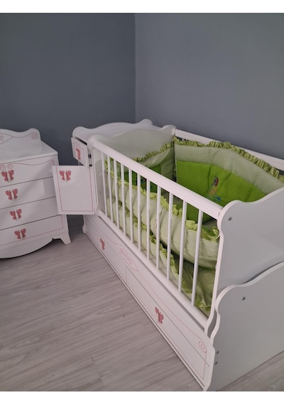 Bebek Odası 90654 Pink Takım Dolap Uzamalı Beşik Şifonyer Demonte Ürün Beyaz