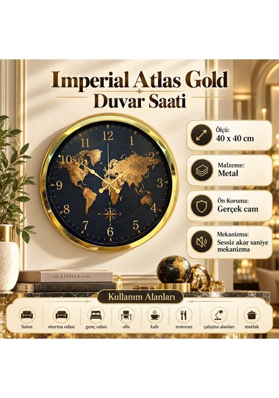 Imperial Atlas Gold Dünya Haritalı 40 X 40 Cm Metal Duvar Saati