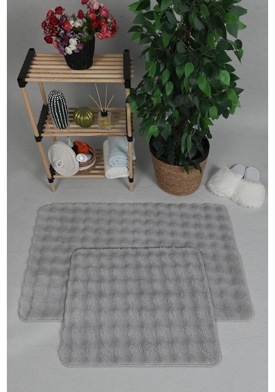 Modern Bubble Yıkanabilir Kaymaz Peluş Banyo Paspası Halısı 2'li Klozet Takımı 50x80-50x40cm Gri Çok Renkli